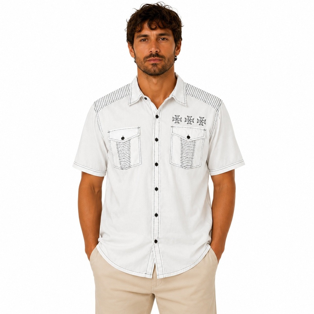 Affliction Button Front Shirt Mens XL White Black Label Embroidered Eagle Cross